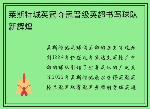 莱斯特城英冠夺冠晋级英超书写球队新辉煌